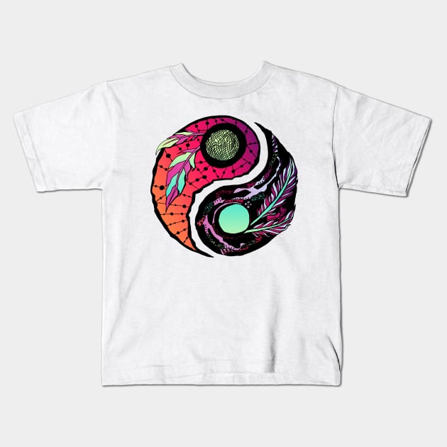 Blue Red Blend Feathers Yin Yang Kids T-Shirt by kenallouis